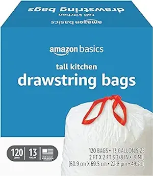 Amazon Basics Tall Kitchen Drawstring Trash Bags, Sturdy and Tear Resistant, 13 Gallon, Unscented, 120 Count