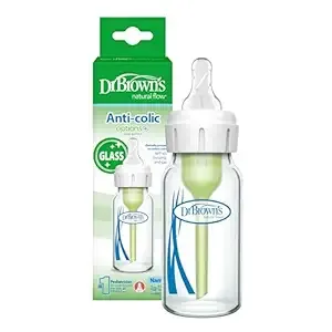 Dr. Brown’s Anti-Colic Options+ Narrow Glass Baby Bottle with Level 1 Slow Flow Nipple, BPA-Free, 4 oz/120mL, 0m+, 1-Pack (Packaging May Vary)