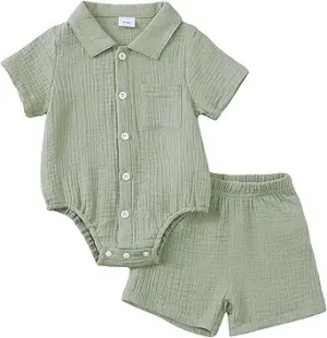 Jecson Newborn Boy Clothes Baby Boy Outfits Summer Cotton 2 Piece Set with Button Down Bodysuit and Shorts 0-18M