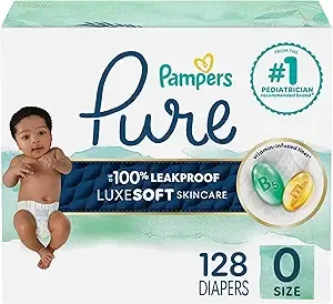 Pampers Pure Baby Diapers, Size 0 (>10 lbs ), 128, Up to 100% Leakproof, Premium Hypoallergenic Soft Diapers
